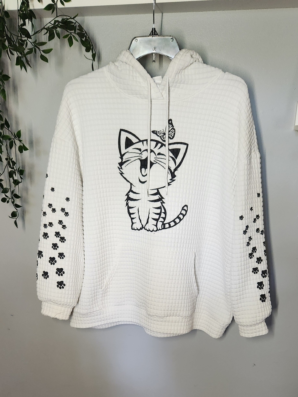 Oversized Lightweight Waffle Knit Cute Cat Paw Print Hoodie - White Womens 2XL